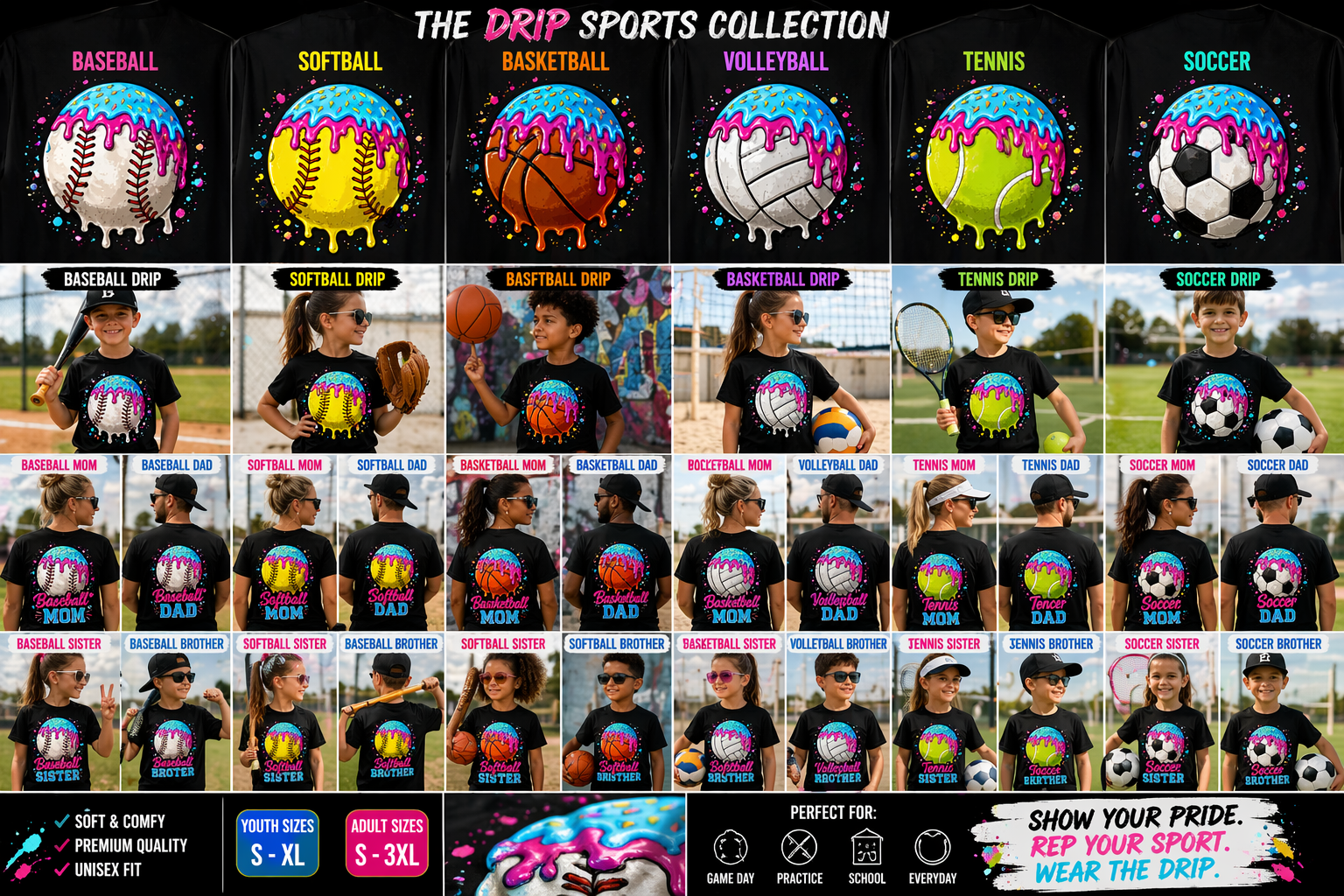 The Drip Sports Collection — colorful paint drip ball designs on black tees