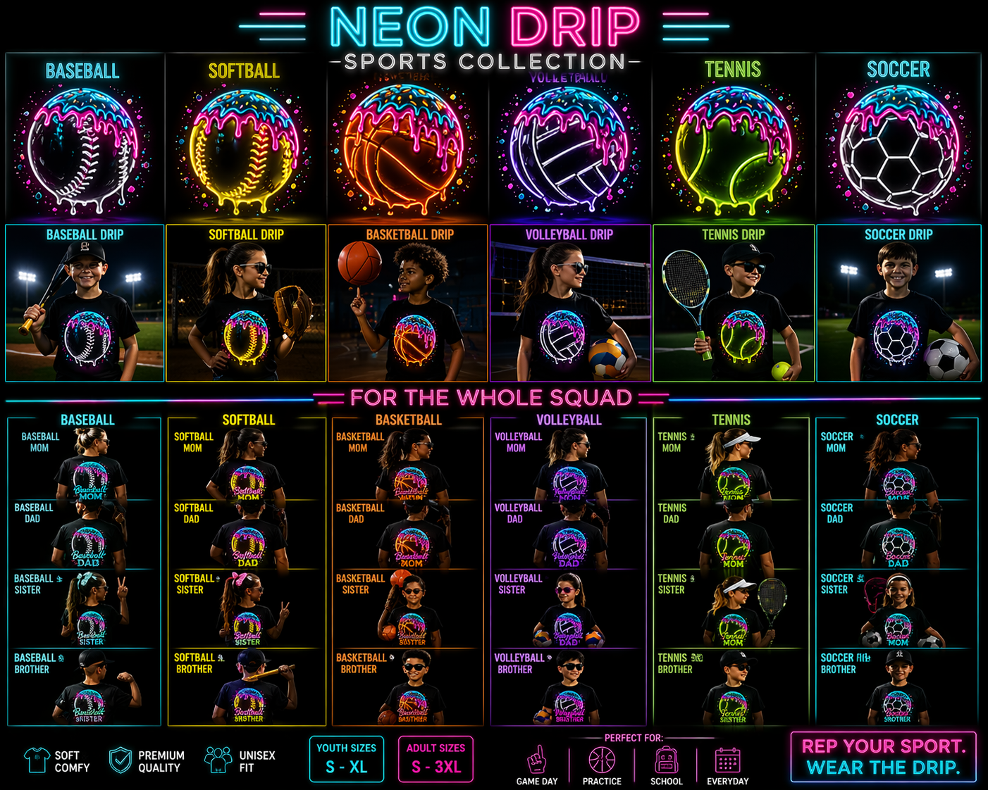 Neon Drip Sports Collection — glowing neon ball designs on black tees